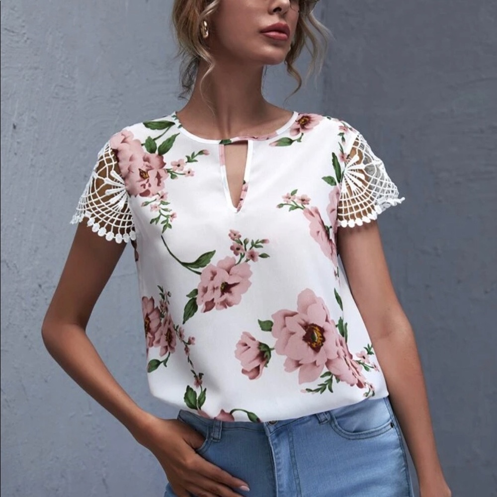 Floral top with lace cap sleeves